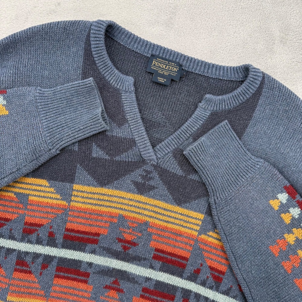 Vintage Pendleton Sweater Women's‎ Notch Collar Chief Joseph Blue Cotton Small